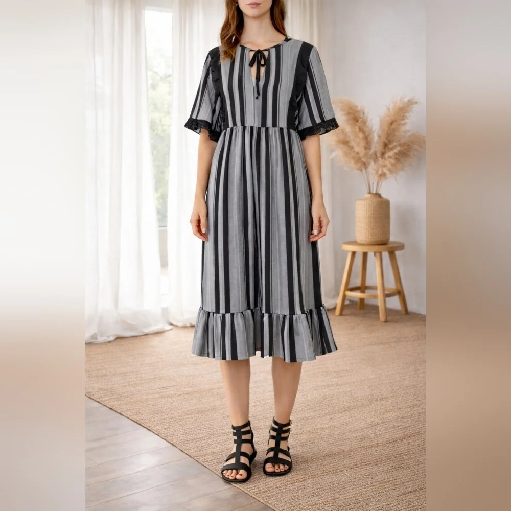 Zara | Dresses | New Zara Striped Contrasting Ruffle Midi Dress Sz M